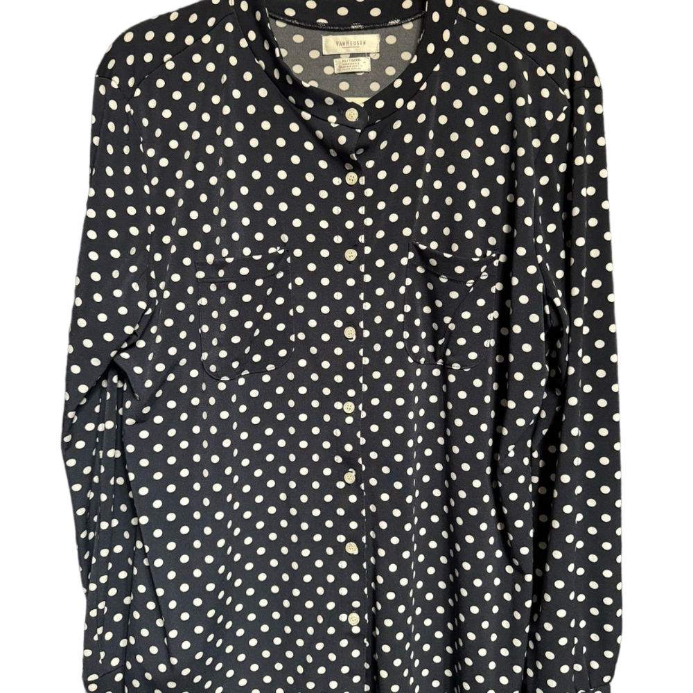 Van Heusen Navy Blue & White Polka Dot Button Down Shirt Long Sleeve XL